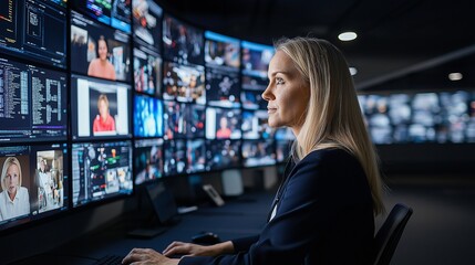 Fototapeta premium A focused female cybersecurity expert analyzes real-time threat data in a high-tech security operations center, surrounded by screens displaying crucial information