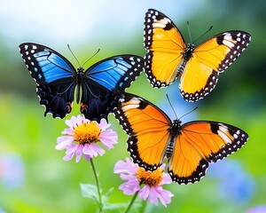 Fototapeta premium Spring butterflies fluttering over wildflowers, delicate and lively