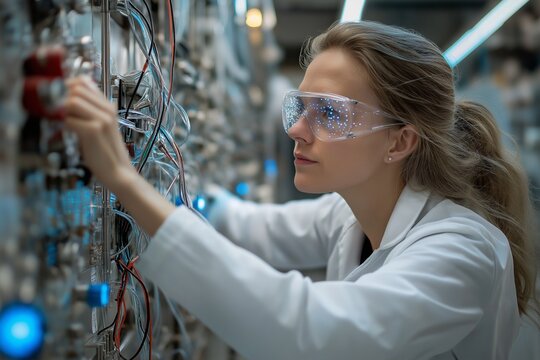A researcher carefully adjusts a superconducting quantum processor in a cryogenics laboratory, surrounded by complex wiring and liquid helium tanks under dramatic blue LED lighting