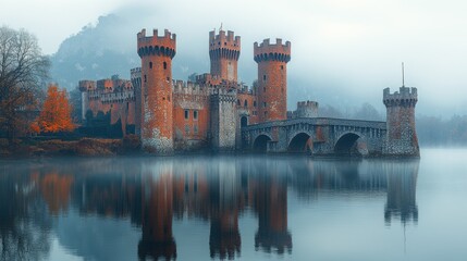 Obraz premium A misty castle by a serene lake, reflecting medieval architecture.