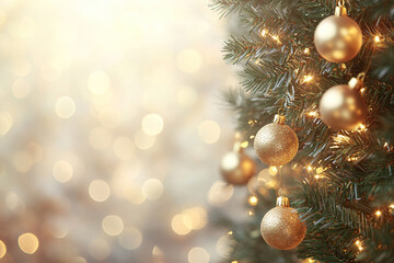 Fluffy branches of a fir tree with garlands and cones on a golden bokeh background. Christmas banner.