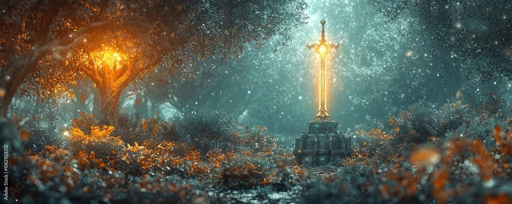 Poster enchanted forest with glowing sword and mystical atmosphere.