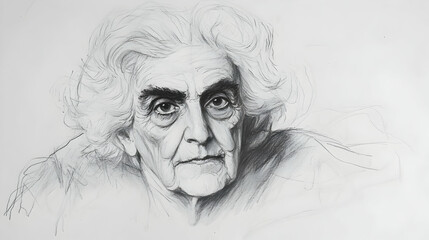 A pencil drawing of an elderly woman with her hair pulled back, looking directly at the viewer with a thoughtful expression.