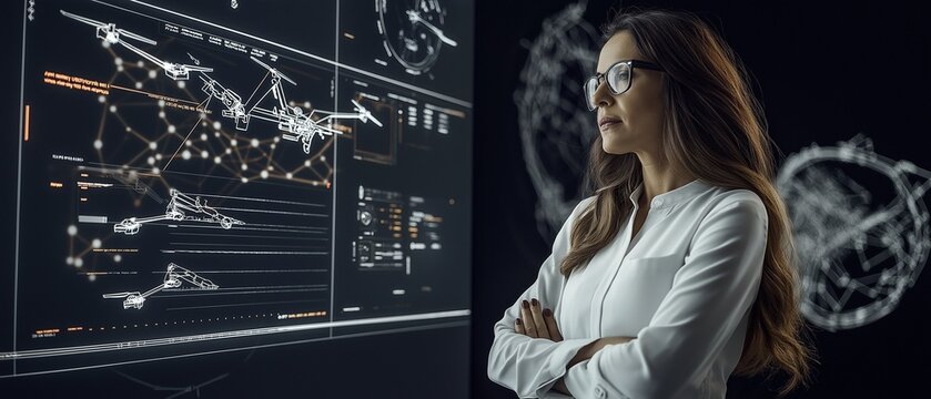 In a cutting-edge flight testing facility, a female software developer focuses on drone telemetry data and flight path optimizations, surrounded by advanced sensor displays