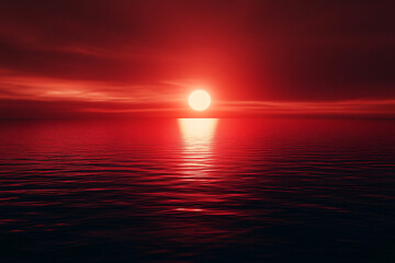 Fototapeta premium Crimson sunset casting a bright glow over still ocean waters with the sun reflecting vividly on the calm surface under a red sky 