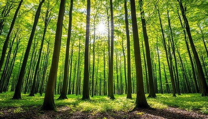 Summer forest with dappled sunlight, peaceful and green
