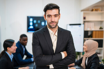 Successful businessman working and looking camera at office desk, Concept of business risk analysis and assessment