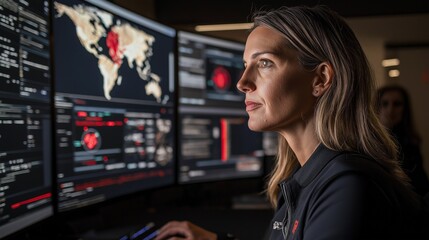 A focused cybersecurity analyst responds to a security incident, navigating multiple dashboards and threat maps in a crisis center surrounded by a coordinating team
