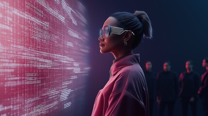 In a contemporary open-plan office, a female software engineer directs a team during a code review, utilizing a transparent digital screen featuring holographic code