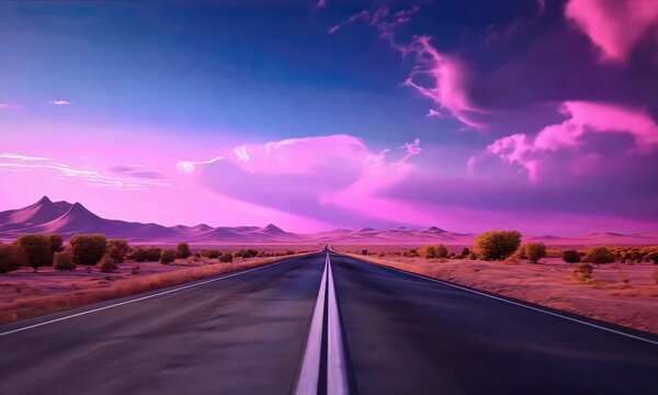 Vibrant sunset landscape with open road and dramatic skies