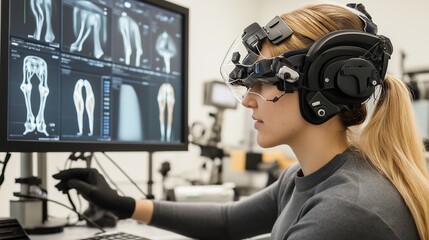 In a bioengineering laboratory, a female robotics engineer tests prosthetic neural interfaces and analyzes data on motion capture systems using sophisticated equipment