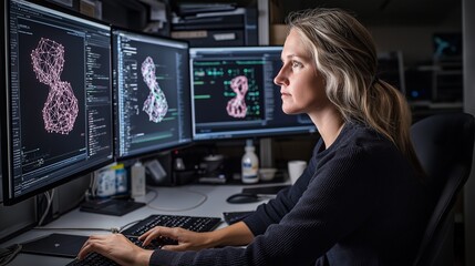 A molecular simulation researcher works at a specialized workstation, engaged in protein folding analysis using wall-sized visualizations and a custom GPU cluster in a lab environment