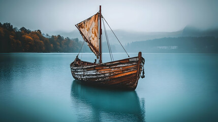 An old wooden sailboat anchored on a calm lake.