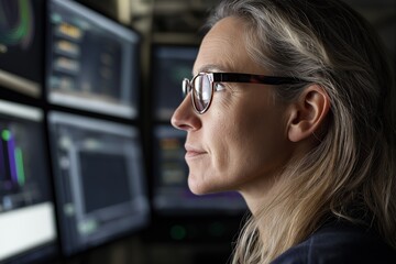 A skilled programmer works on plasma containment algorithms in a tokamak control room, monitoring multiple displays with vital metrics and magnetic field visualizations