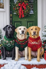 Three Dogs Wearing Christmas Sweaters on a Snowy Porch