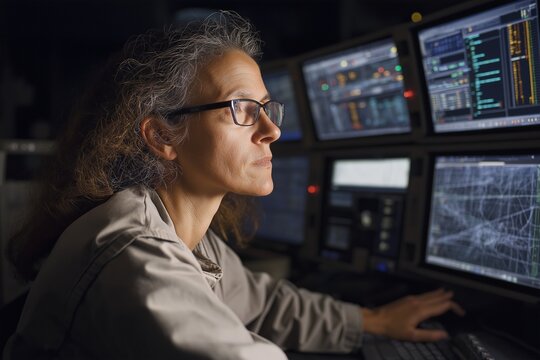 A woman is focused on updating plasma containment algorithms as she monitors multiple displays showing crucial metrics in a tokamak control room