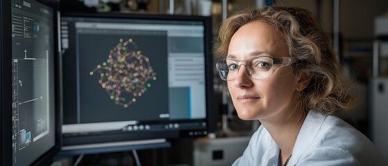 A quantum material scientist is focused on programming a scanning tunneling microscope, visualizing atomic structures on dual monitors in a contemporary lab setting