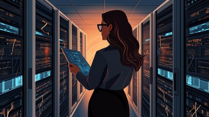 The cloud architect reviews server infrastructure and network diagrams, surrounded by blue LED-lit racks while working in a contemporary data center at dusk