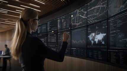 In a sleek, ultra-modern office, a female cloud security architect analyzes threat detection and identity management systems on multiple security dashboards, ensuring robust protection
