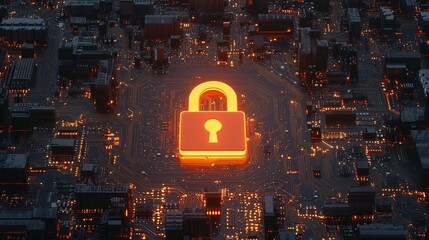 Digital lock symbolizing cybersecurity over a cityscape of circuit patterns.