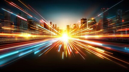 Dynamic urban skyline with vibrant light streaks at sunset, creating a sense of motion.