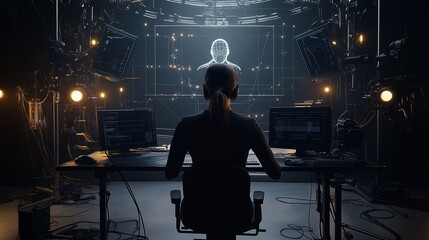 A female avatar technology researcher works diligently in a creative technology lab, utilizing motion capture equipment and a 3D scanning rig to create realistic digital humans