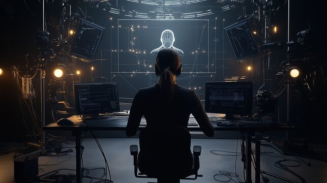 A female avatar technology researcher works diligently in a creative technology lab, utilizing motion capture equipment and a 3D scanning rig to create realistic digital humans