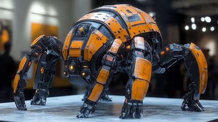 A robotic spider design with an orange and black color scheme.