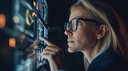 In a modern laboratory, a female researcher intently examines holographic visualizations of quantum data while surrounded by advanced equipment and dramatic lighting