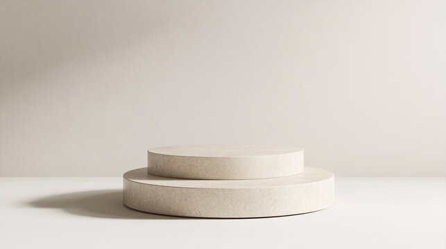 This 3D-rendered product podium features a minimalist design with a round, layered platform set on a neutral background. The lighting casts a gentle shadow, creating a sophisticated look. The