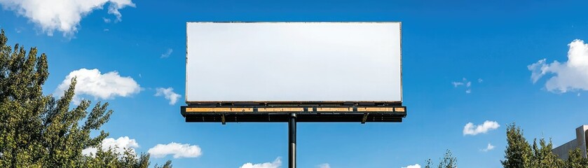 A blank billboard stands against a clear blue sky, surrounded by greenery, ready for advertising or messages.