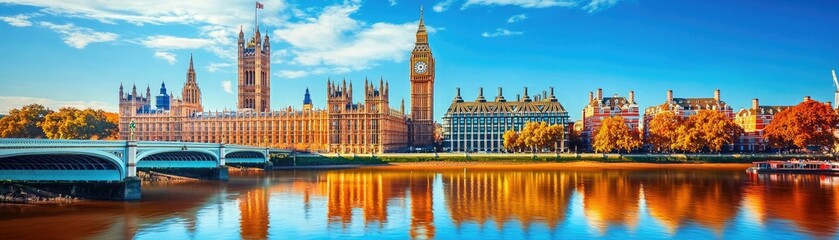 A stunning panoramic view of the Houses of Parliament and the River Thames, showcasing vibrant...