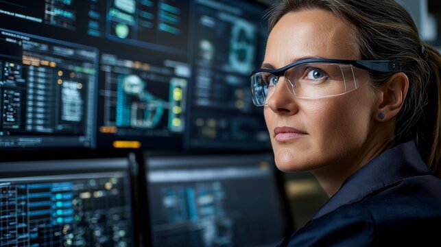 A skilled industrial automation programmer works diligently to update factory control systems while monitoring real-time floor data on multiple SCADA displays