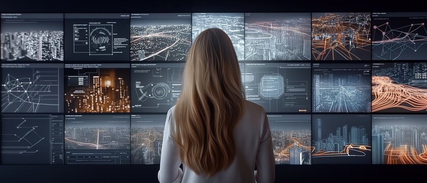 A female systems architect is reviewing a series of urban monitoring dashboards in a contemporary operations center, highlighting smart city management and IoT device interfaces