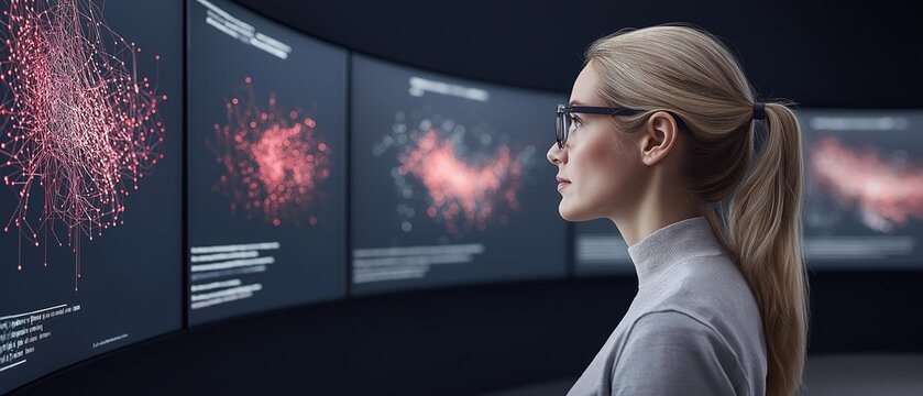 In a cutting-edge research facility, a quantum computing compiler engineer focuses on optimizing quantum circuits displayed on multiple ultrawide screens showcasing detailed visualizations