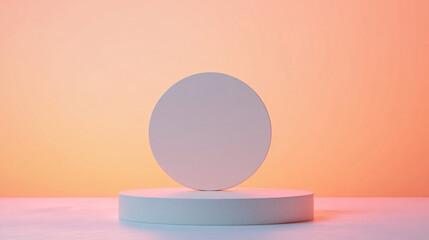 A sleek, circular 3D podium stands against a gradient backdrop, rendered with clean lines and a matte finish. The lighting is evenly diffused, adding gentle shadows and emphasizing the platform's