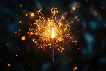 Obraz premium Festive fire sparkles on a dark background with golden bokeh. Bengal light in honor of the new year 2025. Generated by artificial intelligence