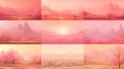 Nine scenic landscape illustrations featuring pink cherry blossom trees, mountains, a river, a sunset and clouds.