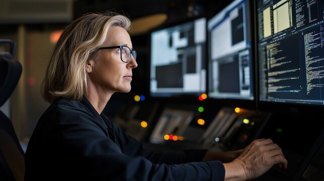 A female industrial automation programmer is focused on updating factory control systems in a modern control room filled with real-time data and safety equipment