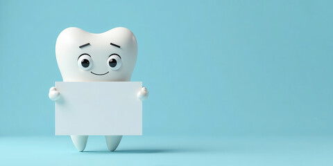 Cute cartoon white 3D Tooth holding white sheet with empty space for text, on light blue background