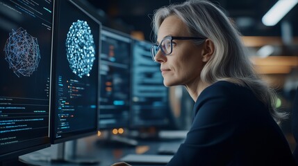 A dedicated researcher focuses intently on quantum data, immersed in a high-tech laboratory surrounded by intricate equipment and dynamic holograms