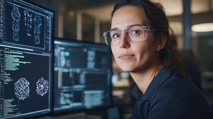 The researcher focuses intently on her work, analyzing data on multiple screens, while holographic visualizations illuminate the lab's scientific environment with dramatic lighting