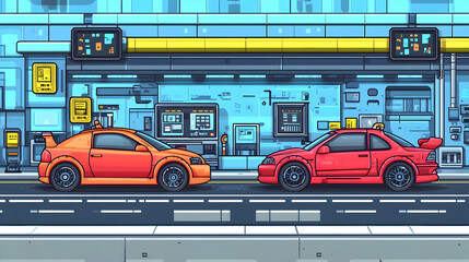 Two futuristic cars in a city street, facing each other.