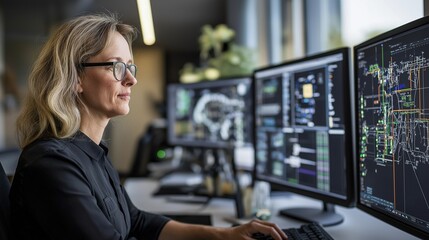 A female renewable energy systems programmer analyzes real-time data on multiple displays while optimizing algorithms in a sustainability-focused office, enhanced by natural light