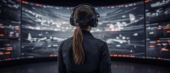 A skilled software developer focuses on optimizing flight paths and sensor data in an advanced drone testing facility, surrounded by high-tech displays and safety gear