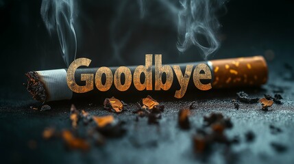 Broken Cigarette with Goodbye Text on Dark Background