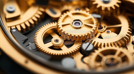 Close-up view of intricate golden gears and cogs inside a mechanical timepiece, showcasing the detailed craftsmanship and engineering precision of the watch mechanism components.