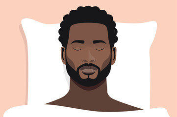 Man sleeping in bed - Face of black African American male person with eyes closed sleeps on pillow under blanket feeling relaxed, resting and having a nap alone. Vector illustration