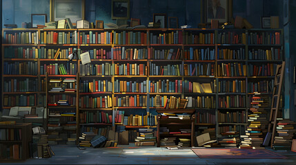 A dimly lit library with overflowing bookshelves, cluttered and disorganized, with books and papers stacked on the floor, creating a chaotic atmosphere.