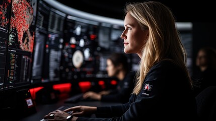 A cybersecurity analyst intently engages in incident response within a dark corporate crisis center, utilizing multiple security dashboards and threat maps while coordinating with her team